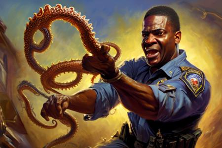 00754-3125860554-oil painting of an African-american fbi agent fighting a tentacle monster with a sword, realistic, intricate background, art by.png